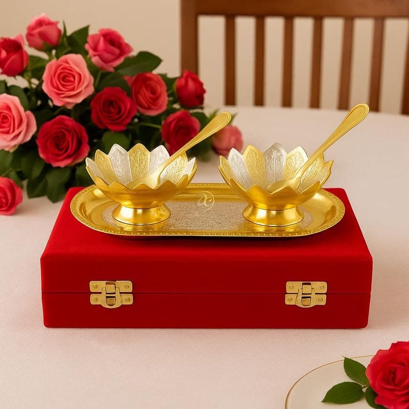Arrakasta Crafts Luxury German Gold And Silver Plated Bowl With Tray Set -1 Tray, 2 Bowls, 2 Spoons And Royal Red Velvet Box For Wedding Baby Shower Return Gift, Diwali Gifting Set, Snack Serving Bowl