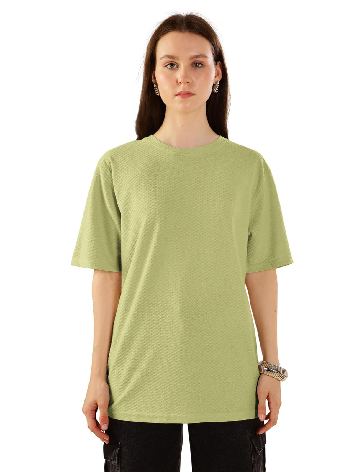 HELLCAT Trendy Textured Half Sleeve Oversized Hexagon Waffle Crew Neck Tshirt for Women