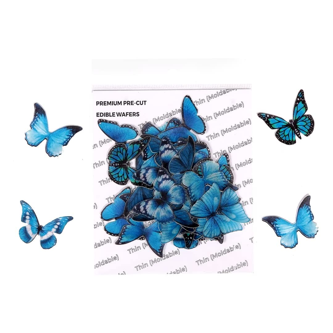Tastycrafts Pre-Cut Wafer Paper Butterflies | Stick-on Cake Decor | Medium Blue Butterflies I 24 Pcs (WPC-001)