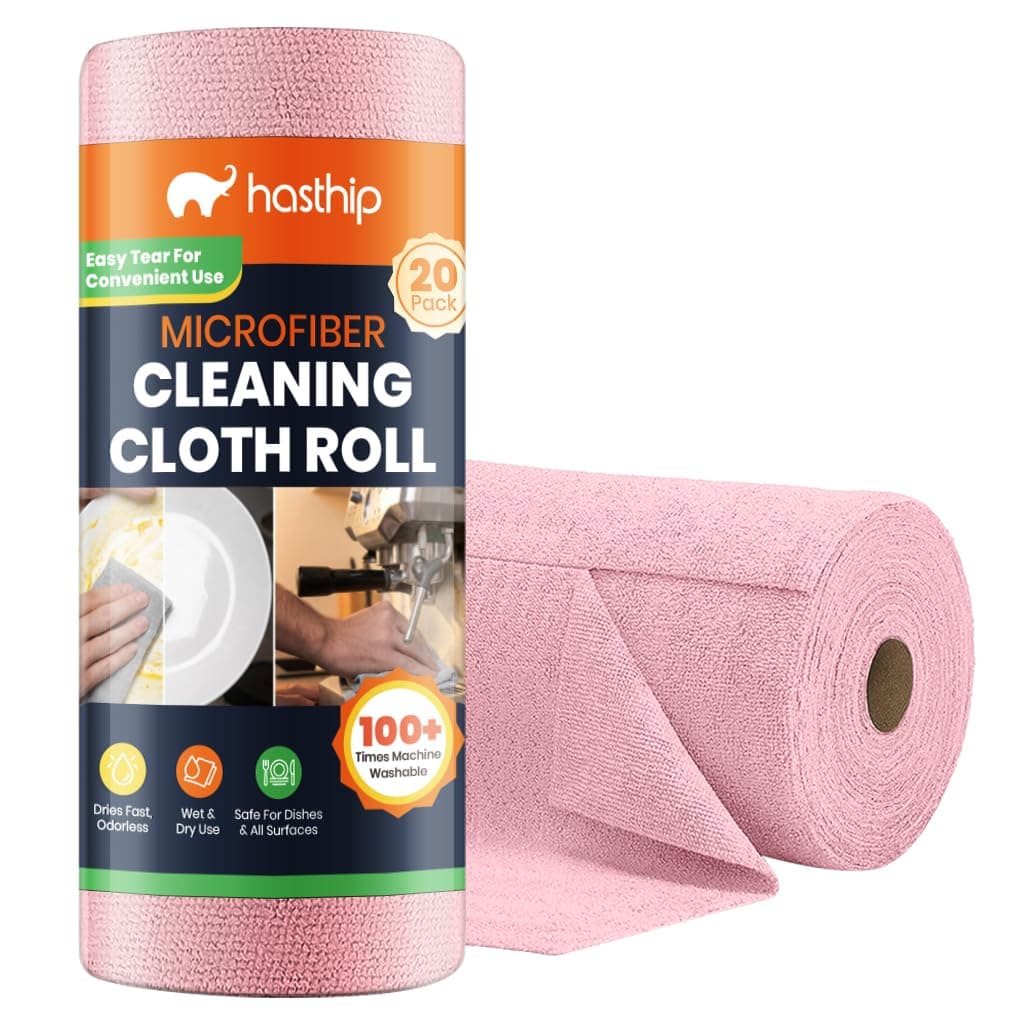 HASTHIP Microfiber Cleaning Cloth Roll 25x25CM Pink 20 Pack Reusable Towel | Absorbent Wiping, Low-Lint Finish, Tear-Away Sheets, Washable for Repeated Use, Microfiber Fabric, Kitchen Car Garage and Hom