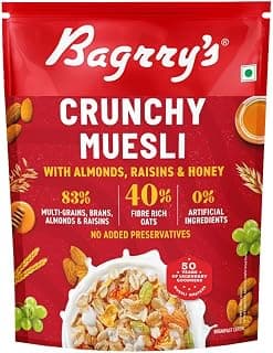 Bagrry’s Crunchy Muesli – 425g | 83% Multigrain, Brans, Almonds, Raisins & Honey | 40% Fibre Rich Oats | High Fibre and Protein Breakfast Cereal | No Added Preservatives | Non-GMO Oats | 100% Natural | Trans Fat & Cholesterol Free