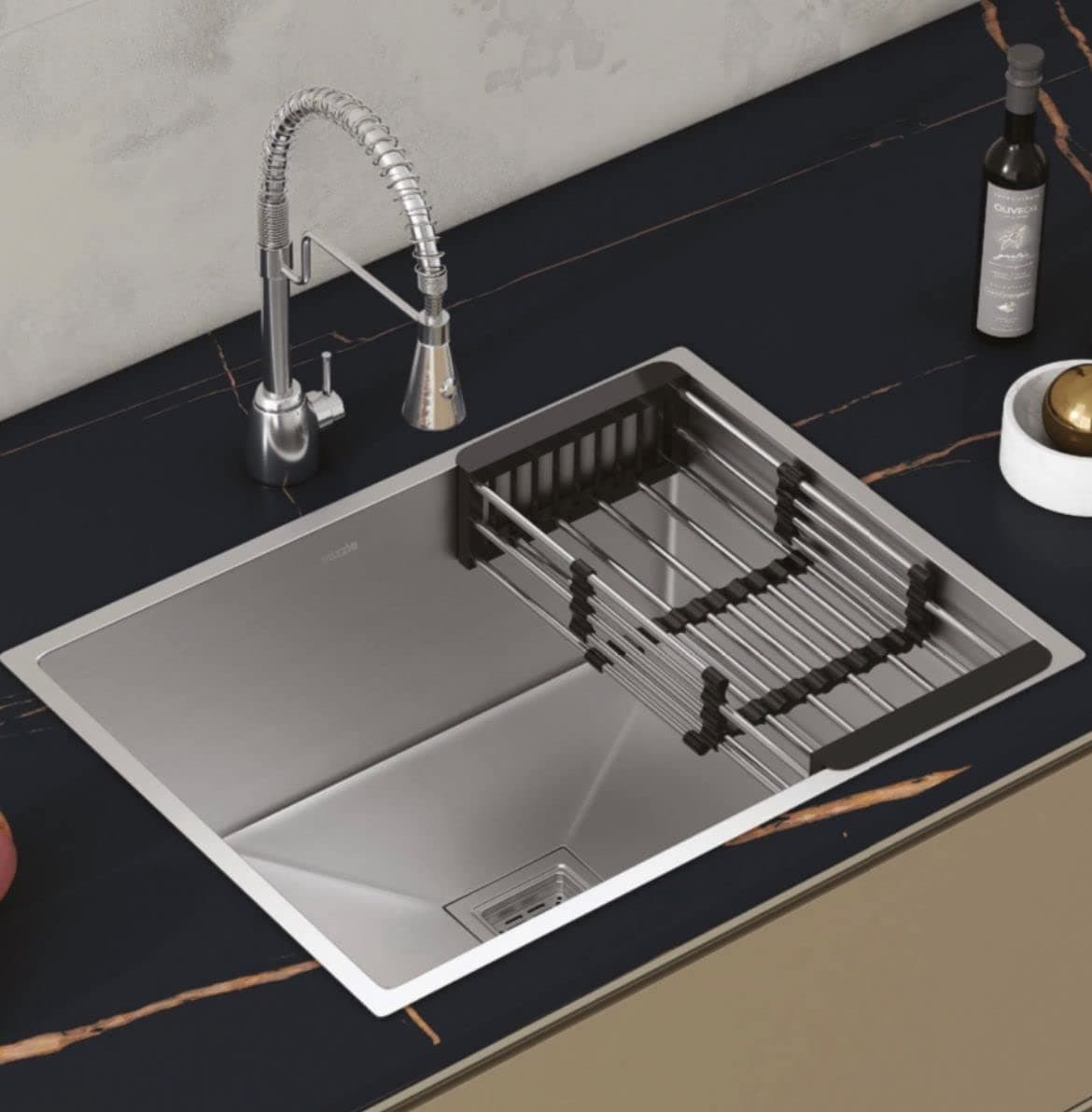 HAPPY HOMES 304 Stainless Steel Kitchen Sink (24X18X10 Inch), Matte Satin Finish with Nanocoated Undercoating, Sound Dampening |Square Coupling and Metal Fruit Basket | 7 Years Warranty|