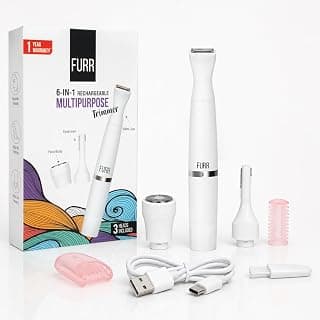 FURR 6-in-1 Trimmer & Epilator for Women | Face Underarm Bikin Body | USB-C | 1 Year Warranty | Water Resistant & 90 Minutes Run Time | Smooth on all Skin Types