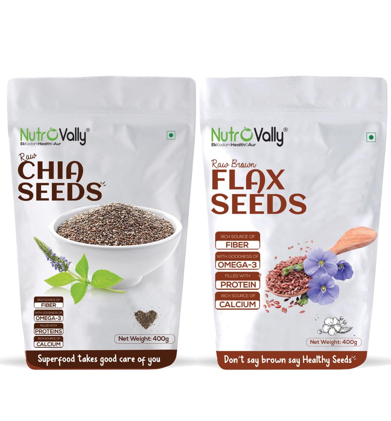 NutroVally Chia Seeds & Flax Seeds Combo 400g Each | High in Omega-3, Dietary Fiber & Vegan Protein | Superfood for Digestion, Satiety & Clean Energy | Ideal for Smoothies, Baking, Salads & Detox