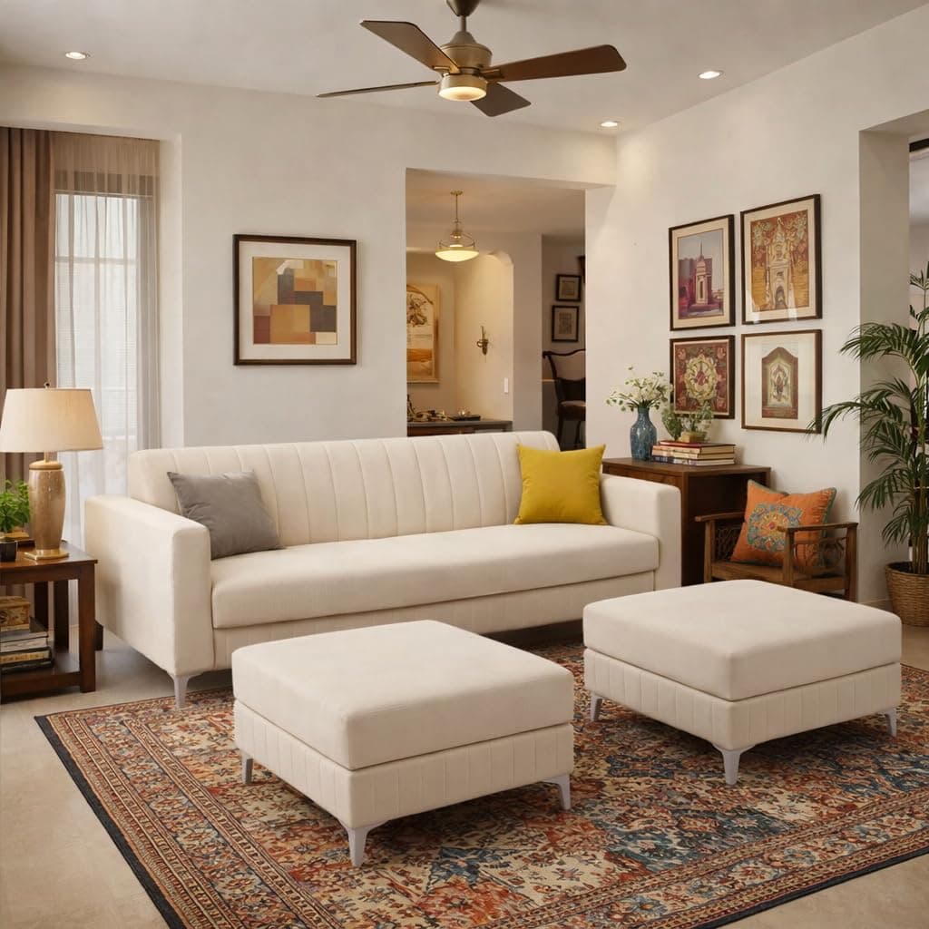 CASACOMFORT Amelia 5 Seater L Shape Sofa Set with 2 Movable Ottomans | Flexible Layout | Rich Velvet Suede Fabric | Silver Legs | Spacious Soft Touch Seating | Modern Sofa for Living Room (Cream)