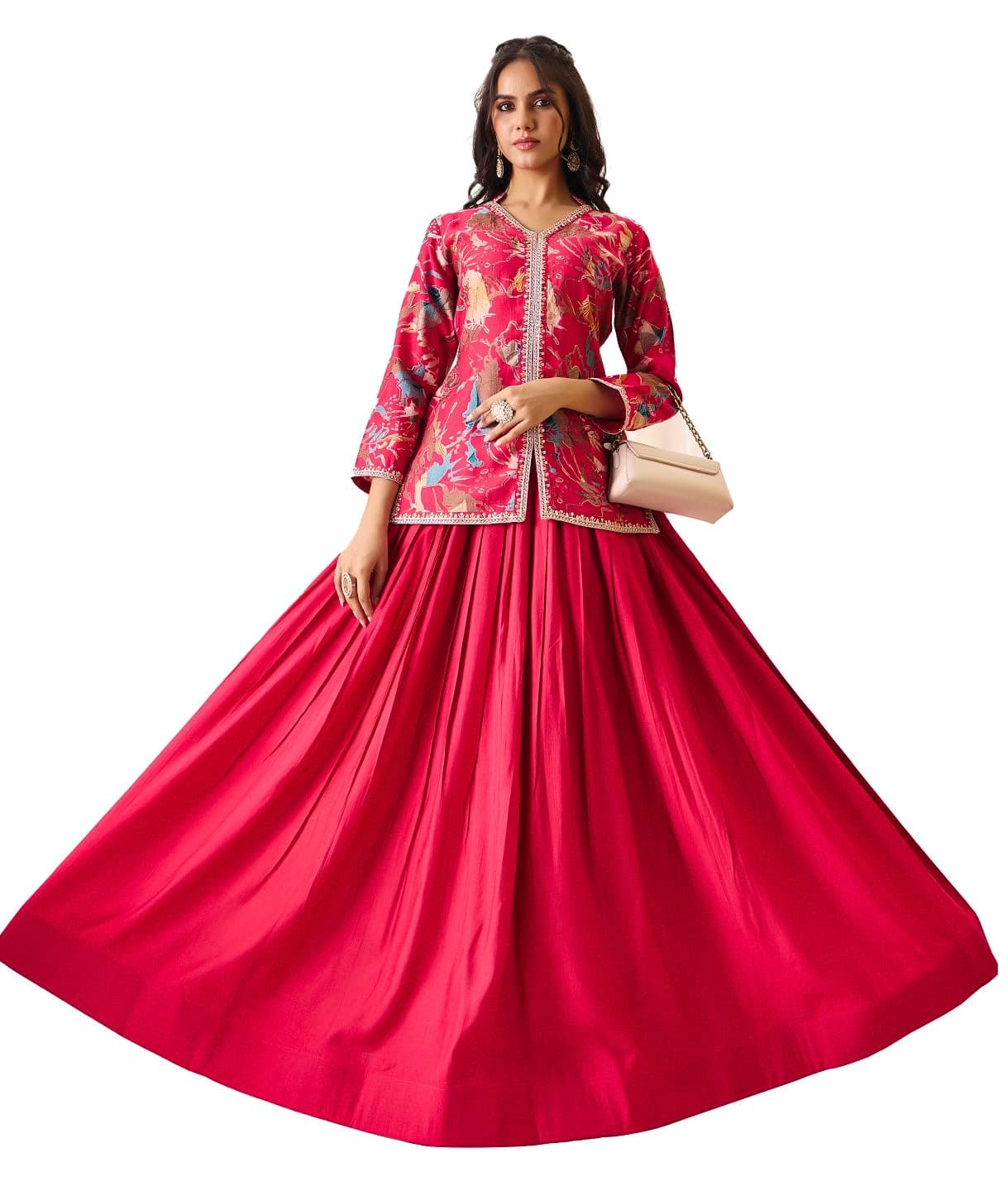 madhuram textiles Women'S Vatican Print Top Skirt Set for Women V-Neck Embroidered Ethnic Wear Dress(M-2549 Pink And yellow)