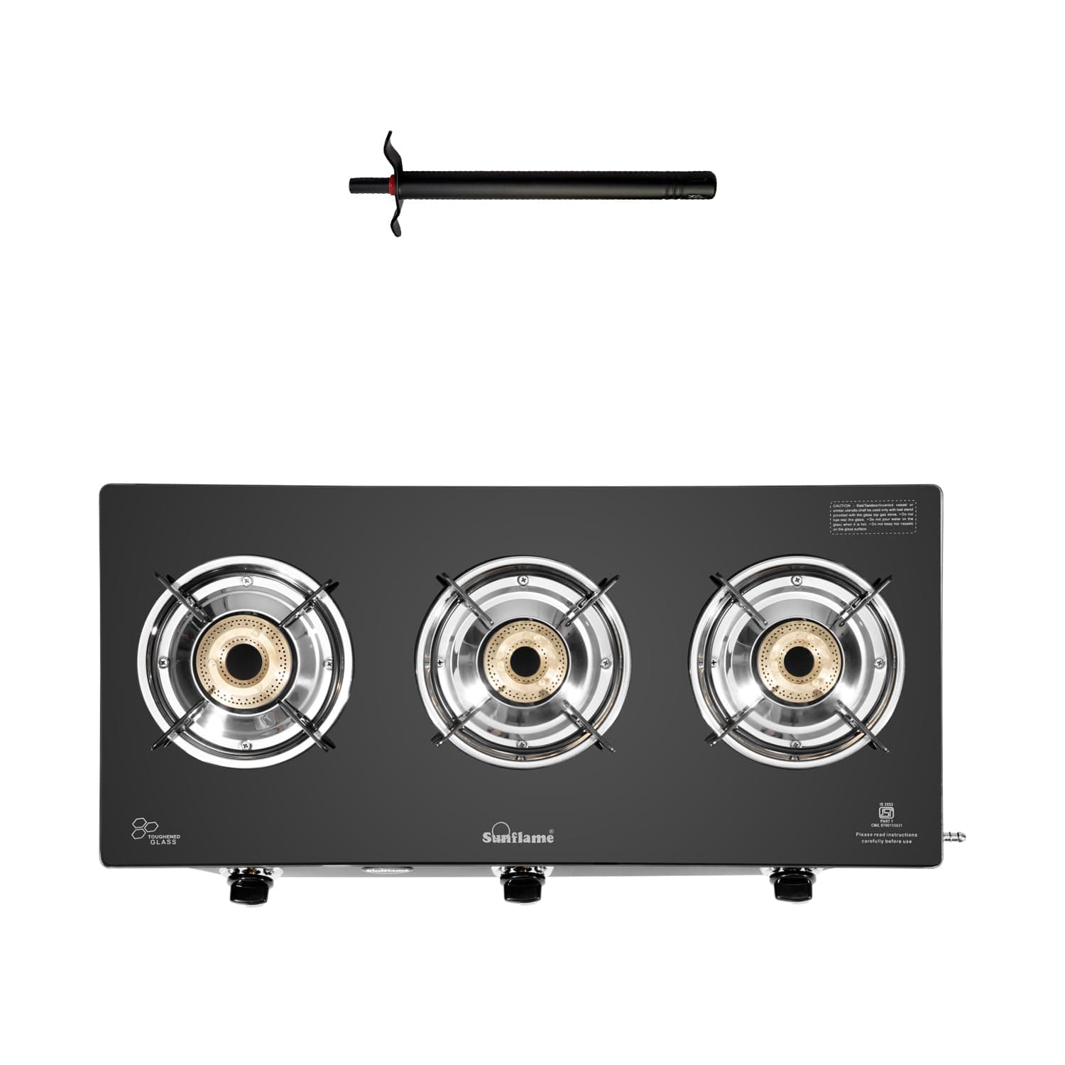 Sunflame Maleo 3 Burner Gas Stove Glass Top | Space Saving Design | Complimentary Lighter | 1 Medium & 2 Small Brass Burners Gas Stove | 2 Year Product Coverage | Toughened Glass Top | ISI Certified