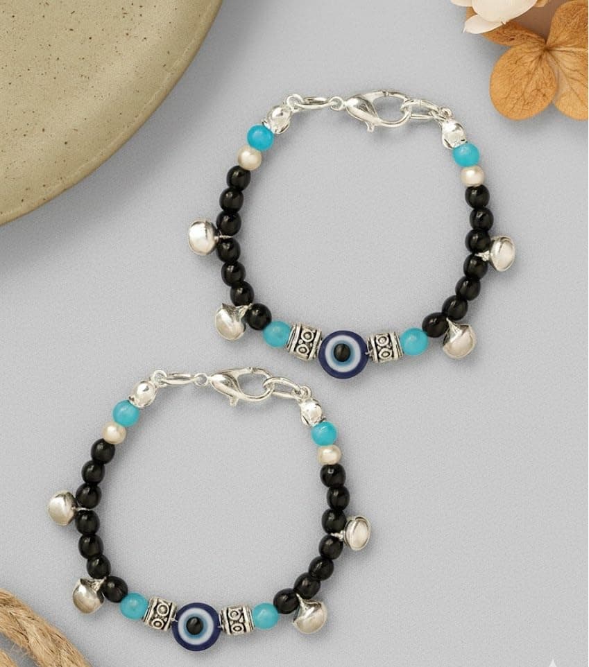 Evil eye Baby Bracelet/Anklet Nazariya for Baby Boys and Baby Girls 0 to 48 Months, Dice Cube Charm & Ghungroo, Brass Material