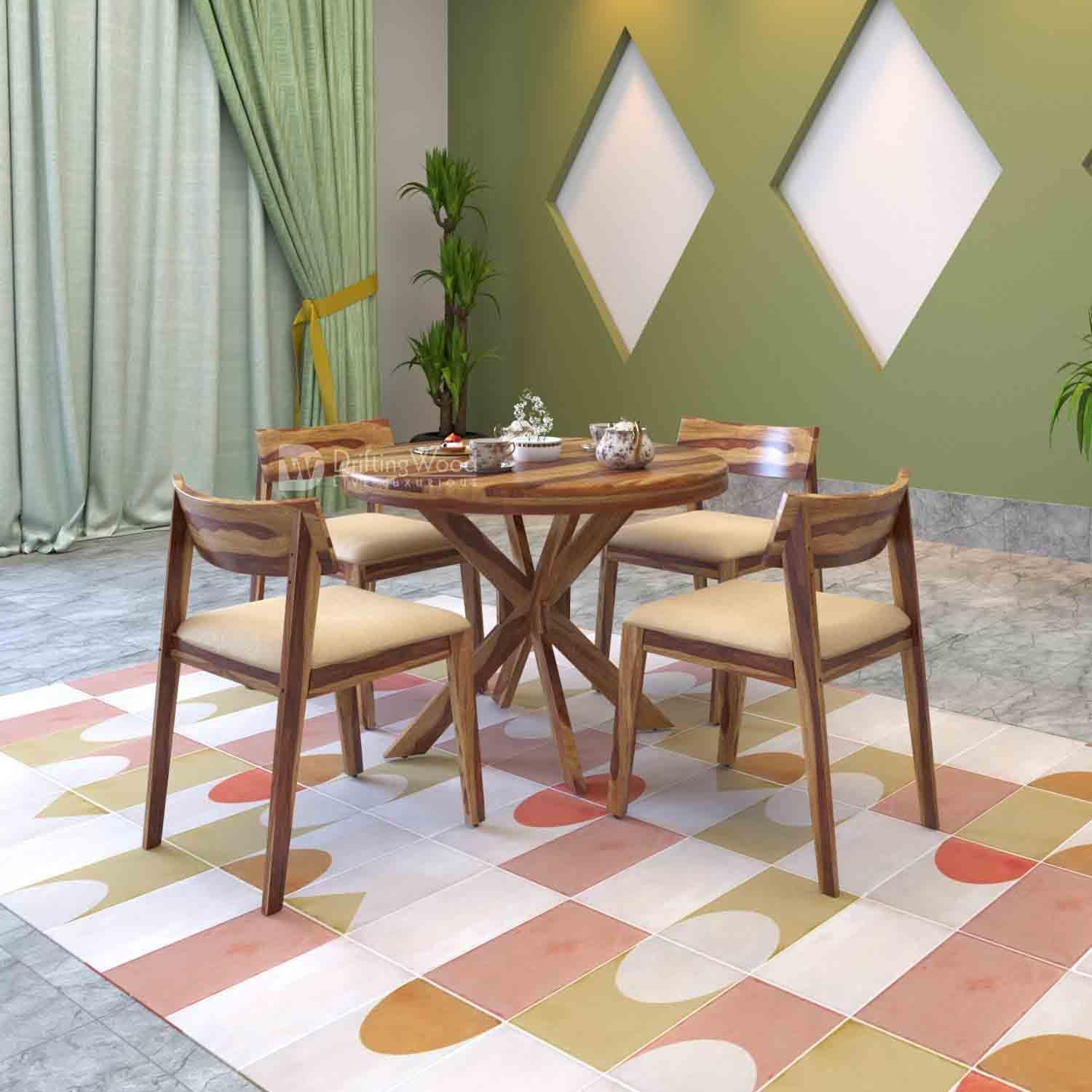 DRIFTINGWOOD Wooden Liana Gordon Dining Table 4 Seater | Dinning Room Table with 4 Chairs | Sheesham Wood, Natural Finish