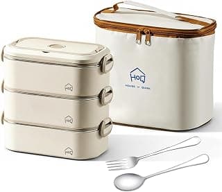 House of Quirk 304 Stainless Steel Bento Lunch Box for Adults – 3 Stackable Leakproof Containers with Insulated Thermal Carry Case, Spoon & Fork Included, Microwave Safe Portable Tiffin Box (Beige)
