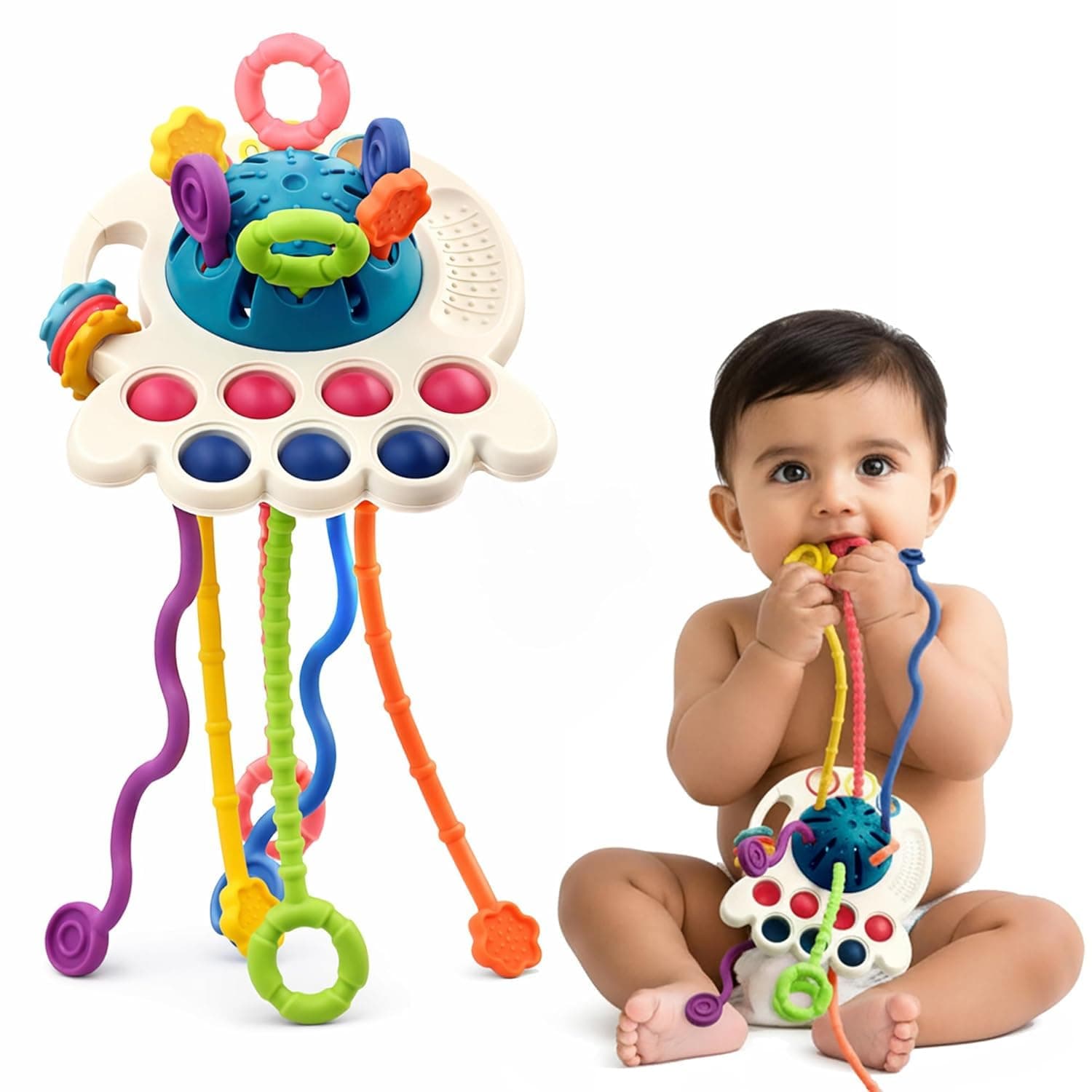 Kidology Pull String Toy for Babies, Octopus Design Sensory Montessori Toy, Food-Grade Silicone, Teething Strings for Early Learning for Baby Boy & Girls, Fine Motor Skills Development for Toddlers