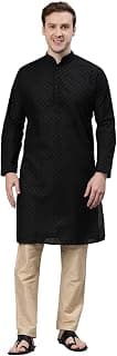 Majestic Man Men's Cotton Blend Regular Fit Casual Polyester Mandarin Collar Ethnic Motifs Embroidered Long Regular Kurta