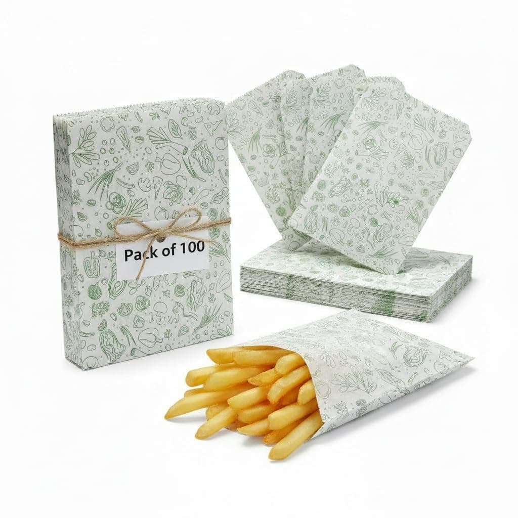 Khaana Packaging Multipurpose Food Wrapping Paper Envelopes | Printed Snack Bags Pack of 100 (7 x 9 inch) | Oil Proof Paper Bags for Samosa, Burger, Sandwich & Street Food Packaging