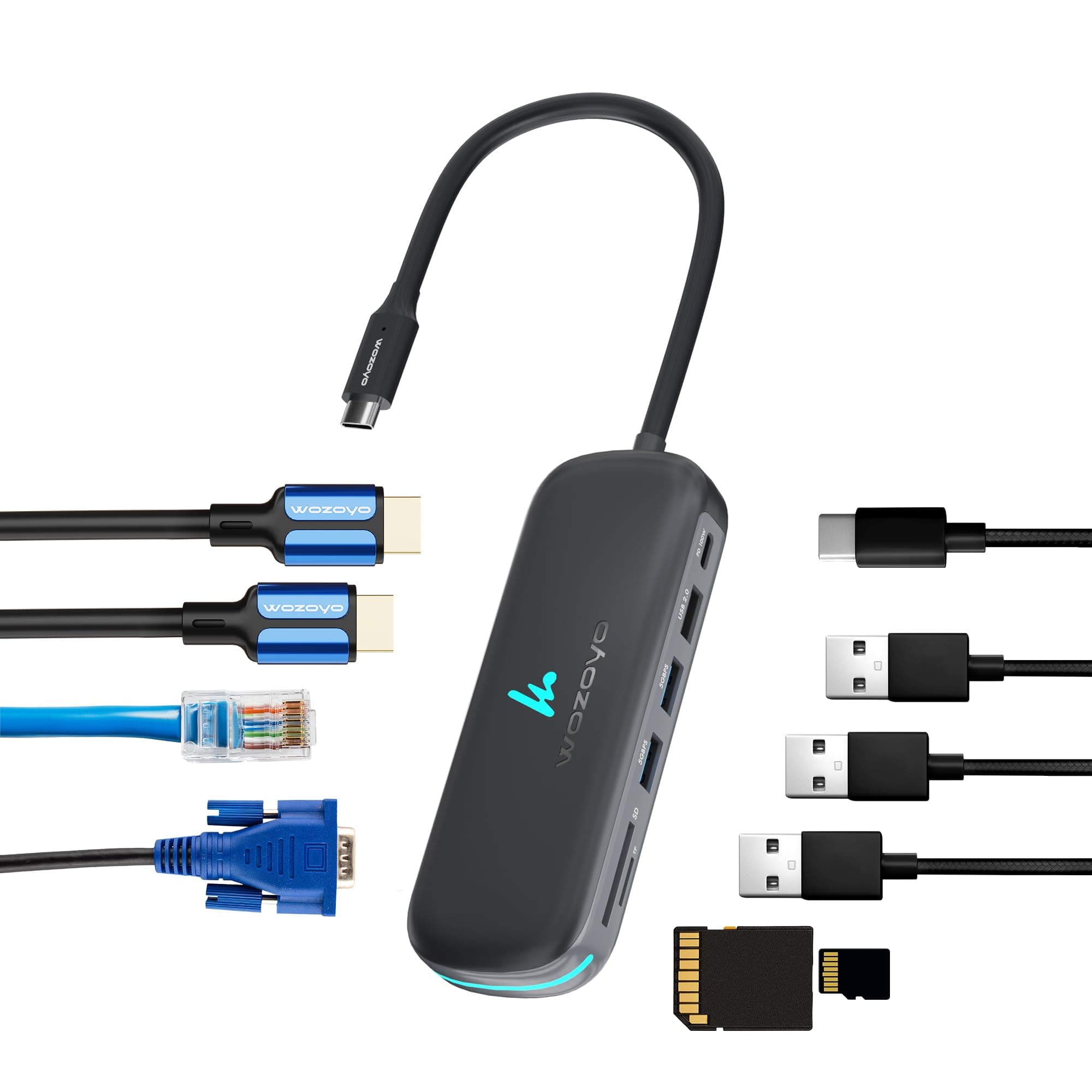 Type C 10 in 1 Wozoyo Docking Station with 2XUSB 5Gbps, Dual 4K HDMI, VGA, Gigabit Ethernet, USB 2.0, SD & TF, PD 100W,Universally Compatible with Thunderbolt 4, macOS, Windows, Android & iOS