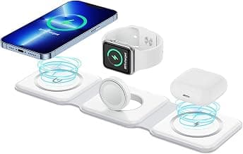 3 in 1 MagSafe compatible Magnetic Foldable Wireless Charger for iPhone 17 to 12 Series | Compatible with AirPods 2/3, Pro2, Pro3 | Compatible with only Apple Watch Series | 23W Charging - Pearl White