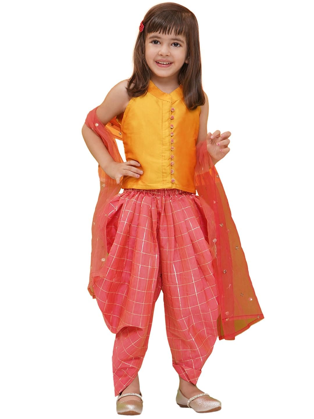 AJ DEZINES Kids Clothing Casual Wear Shinny Silk Blend Checkered Printed Top and Bottom Dress for Girls