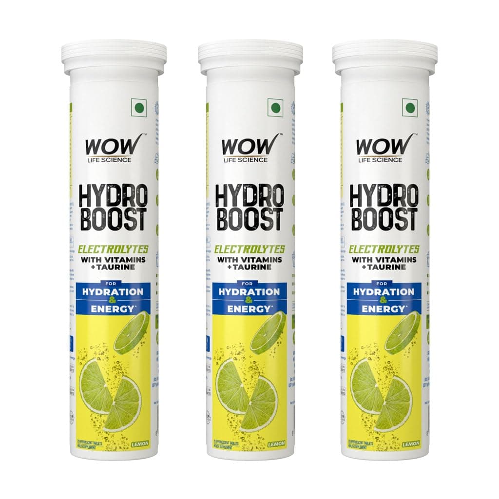 WOW Life Science Hydroboost Electrolytes Low Sugar Energy Drink For Instant Hydration - 20 Effervescent Tablets With 5 Essential Electrolytes + Vitamins (B6, B12, C & D) | Lemon Flavour | Pack of 3