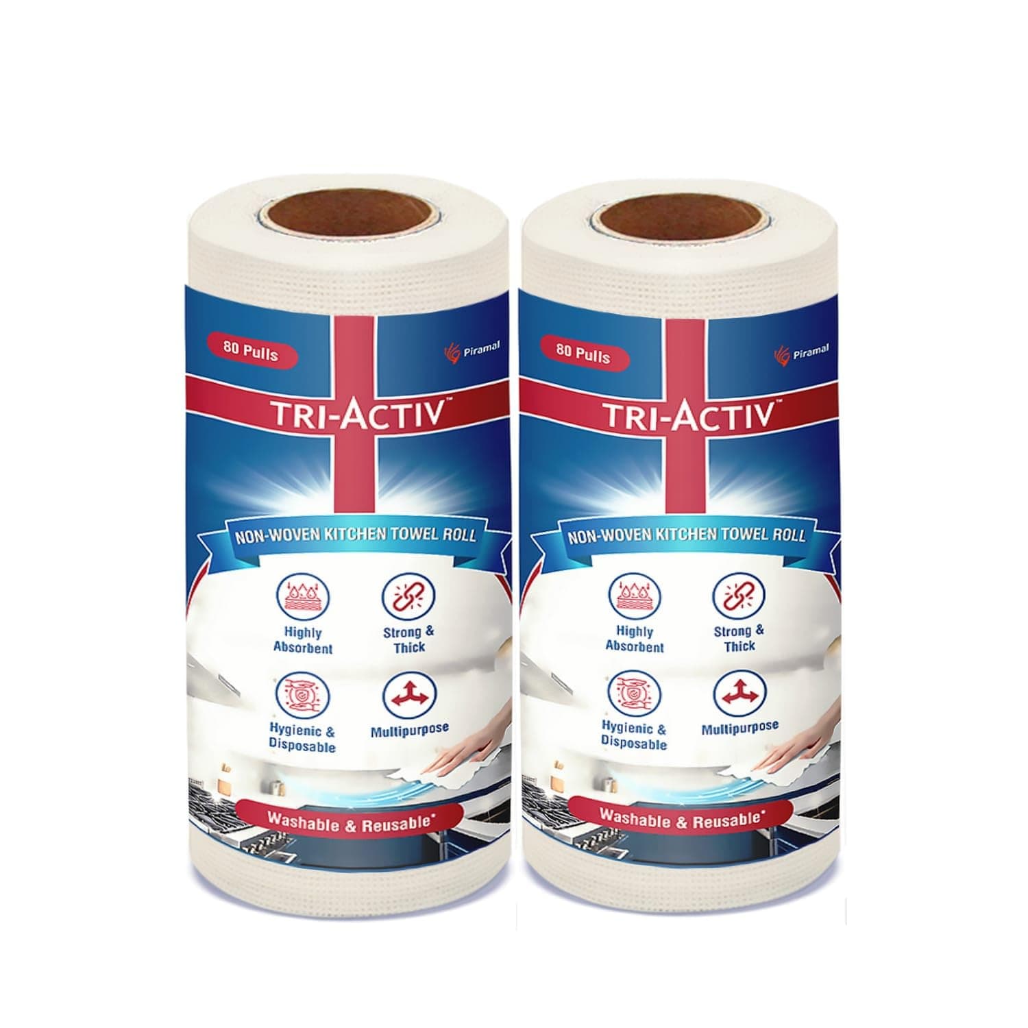 Tri-Activ Washable & Reusable Kitchen Towel Roll | 80 Pulls per Roll, 160 Sheets Pack of 2 | Highly Absorbent Kitchen Tissue Roll | Non Woven Fabric | Better alternative to Paper Tissue Roll | White