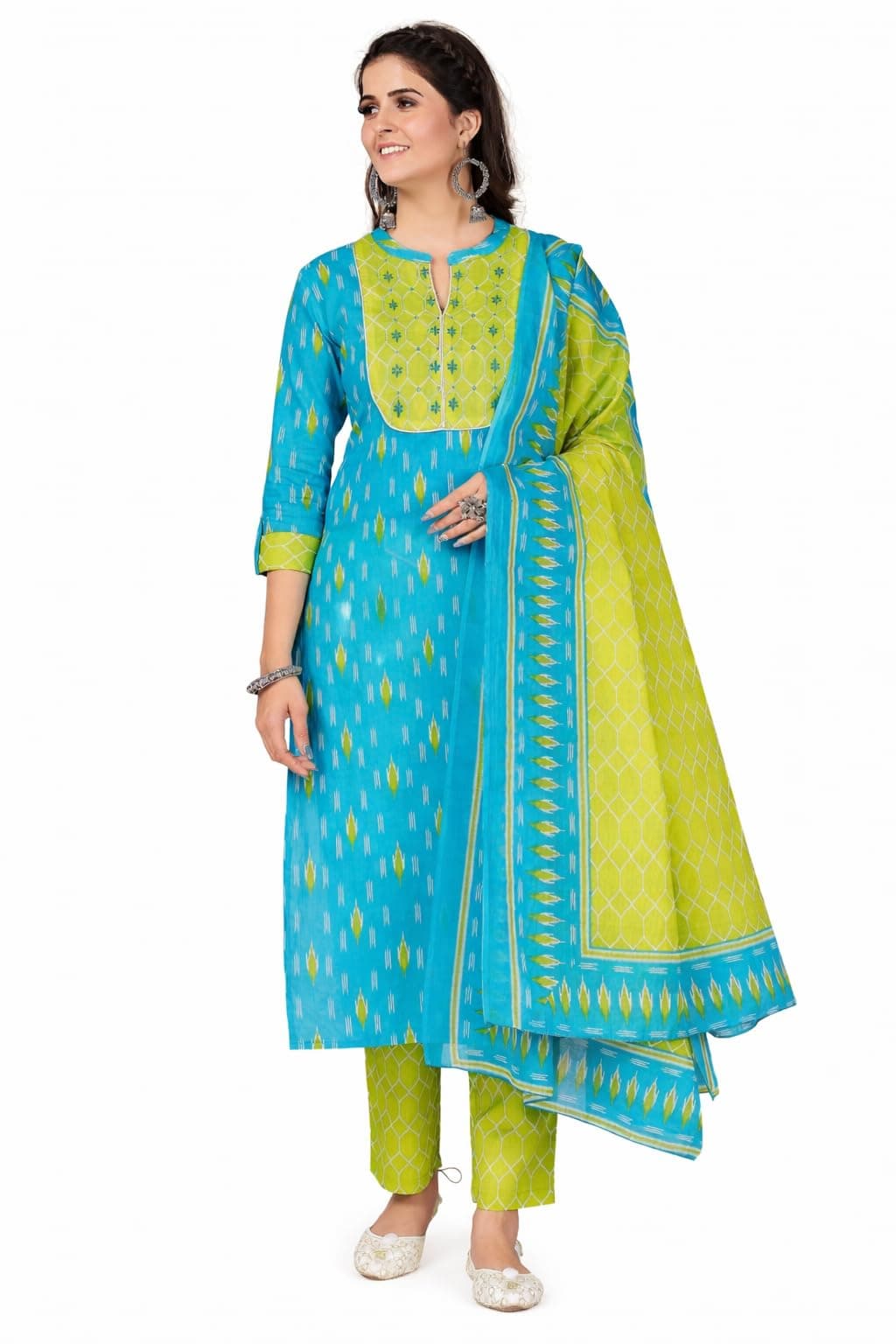 Vbuyz Women's Printed & Embellished & Mirror Work Straight Cotton Stitched Kurta set | Straight Kurta Pant Dupatta | Kurta Set with Dupatta for Women | Suit Set | Ethnic Set | Printed Kurta Set