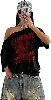 SXV STYLE Women Cowboy Style Loose Fit Slouch Shoulder T-Shirt, Black