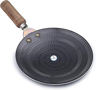 VISMAY'S Pure Iron Tawa 9.5 Inch First in India with Smooth Edge Technology Wooden Handle Metal Spoon Friendly Hammered Loha Tava Ideal for Roti Chapati (1200 gm)