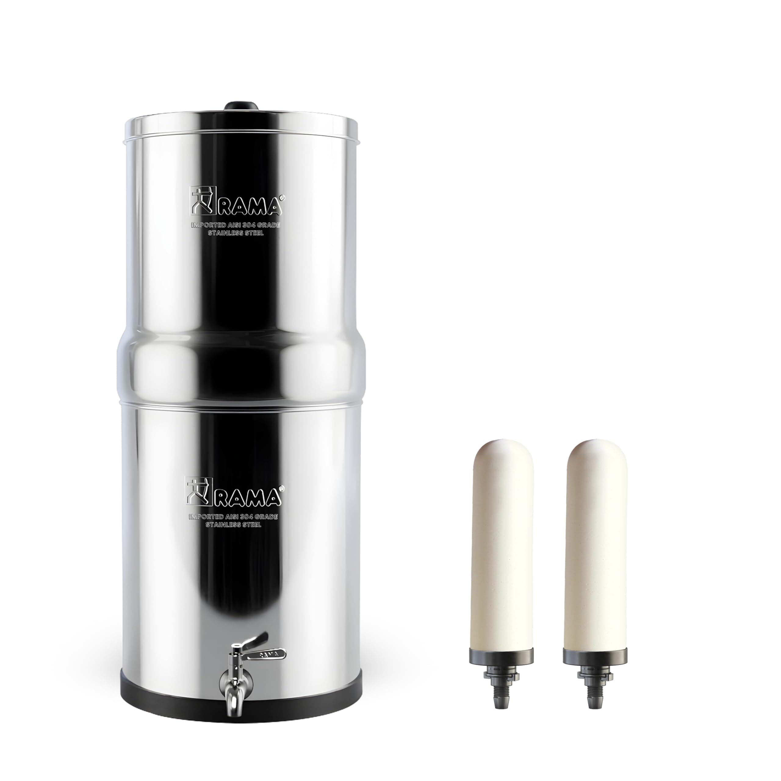 RAMA Gravity Water Filter | 24L Total Capacity (12L Storage) | 304 Stainless Steel Non Electric Water Purifier Filter for Home | 10-Year Warranty | Includes 2 Spirit 7" Ceramic Candles & Steel Tap