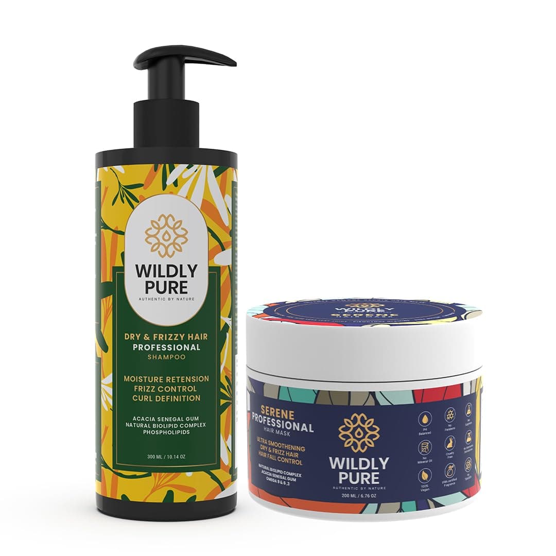 WILDLY PURE Frizz Control Shampoo and Hair Mask Combo for Dry & Frizzy Hair, with Hyaluronic Acid, Natural Biolipids & Acacia Senegal Gum, 300mL + 200mL