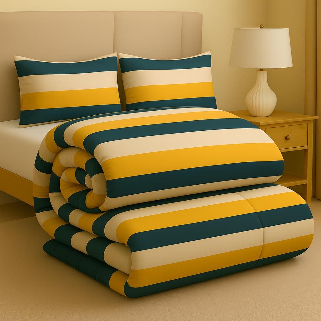 BSB HOME Premium Microfiber Printed Double Bed Comforter with 2 Matching Pillow Covers | All-Season Reversible AC Blanket for Winter & Summer | Soft & Lightweight Quilt for Double Bed - Mustard Yellow