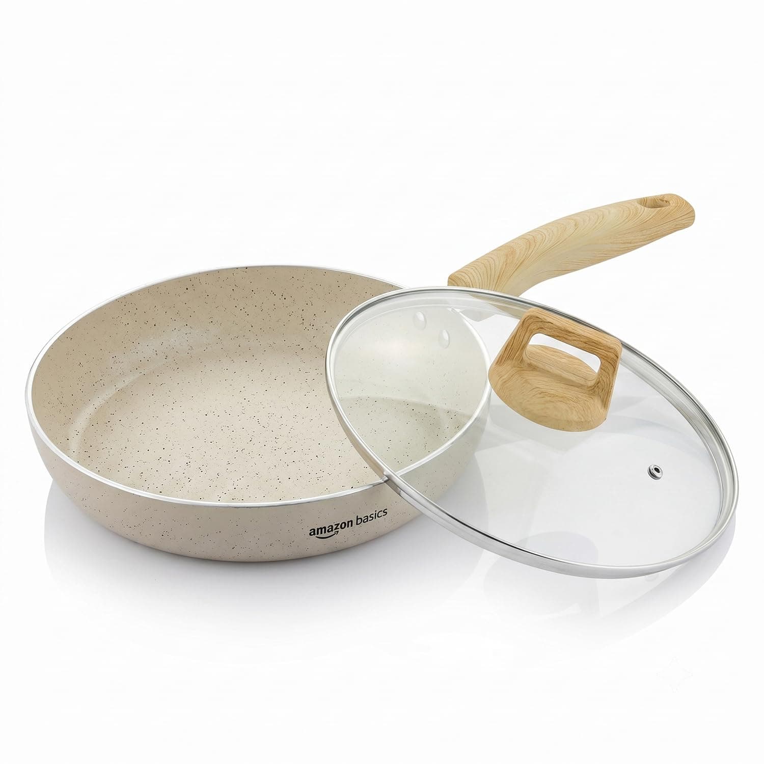 Amazon Basics Non Stick Ceramic Frying Pan 26 cm with Lid | 5 Layer Coating | Wooden Finish Bakelite Handle | Induction & Gas Compatible | Low Oil Cooking | Durable Flat Base | Ivory