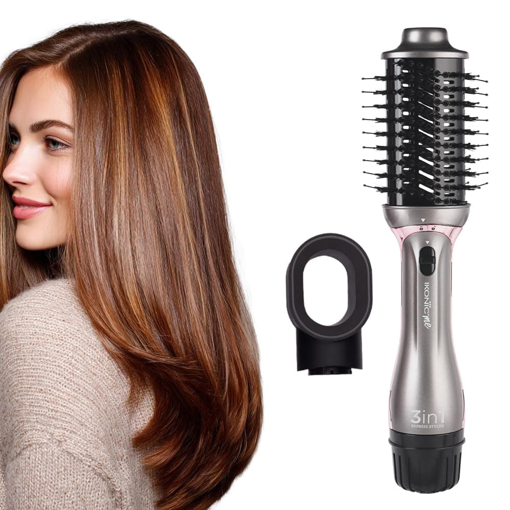 IKONIC 3 in 1 Express Styler Grey, Professional Volumizer Blow Dryer 1200 Watts Hot Air Brush for Women Innovative Air Flow Vents Mixed Styling Bristles Ceramic Titanium Tourmaline-Coated Brush Head