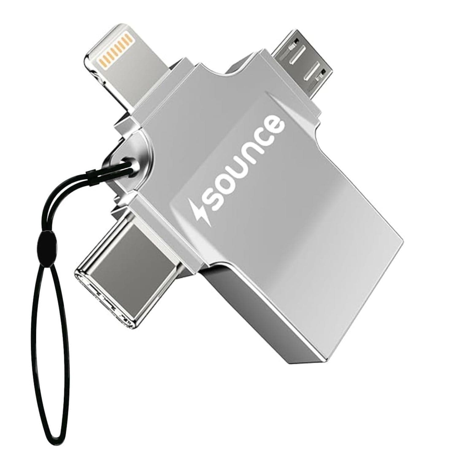 Sounce 4-in-1 Multi-Port OTG Adapter with Lightning, Type-C, Micro USB & USB 3.0 – Universal Connector for iOS 13 & Above, Android, Tablets & More (Silver)