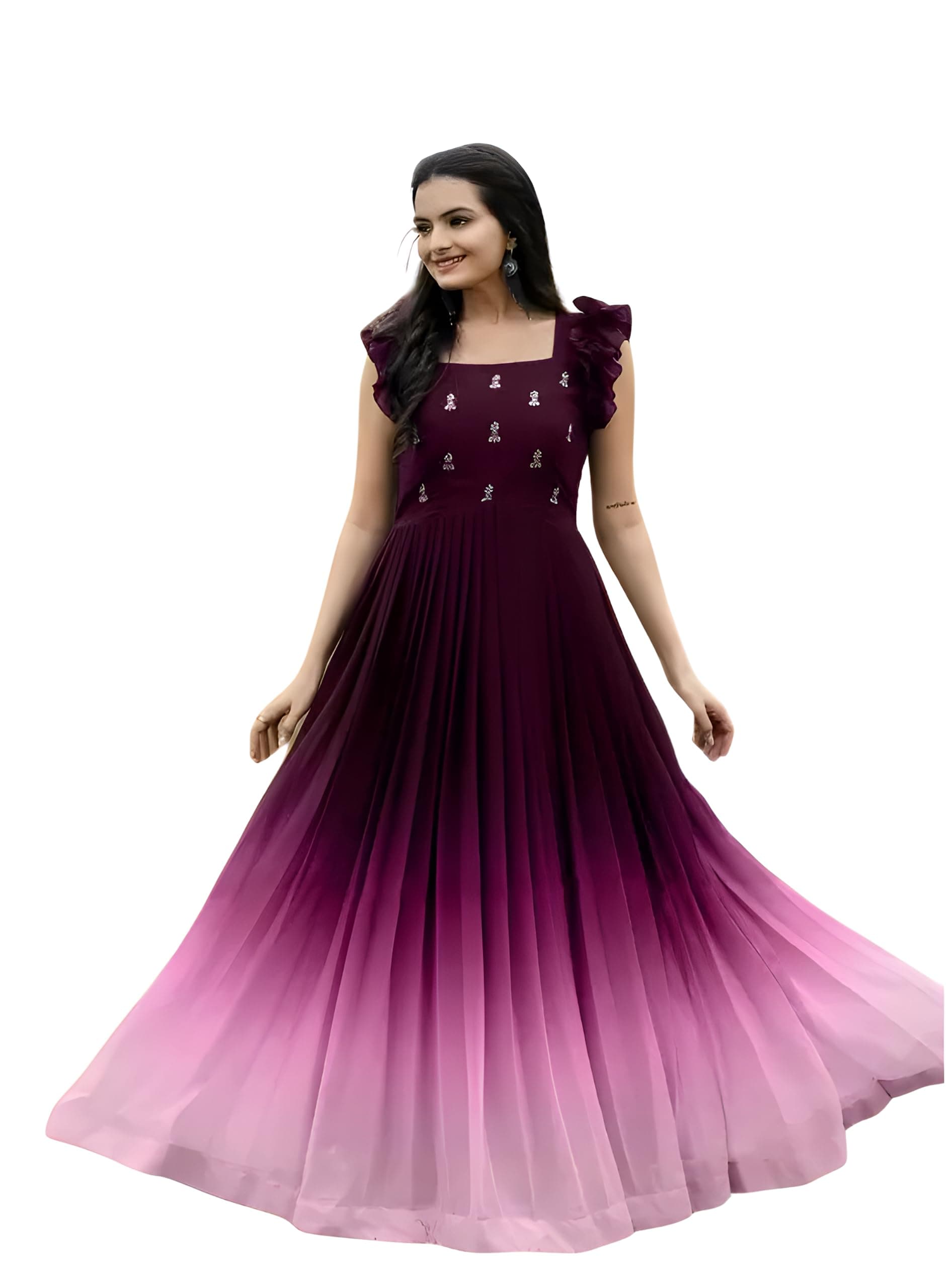 FOXDX Women's Georgette Ankle Length Dual Shaded Flared Embroidered Gown