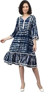DEEBACO Women's Tie-Dye Rayon Fit and Flare Midi Dress for Woman Festive Fancy|Casual Trending Stylish Long One Piece Dresses Women Western (Navy Blue)