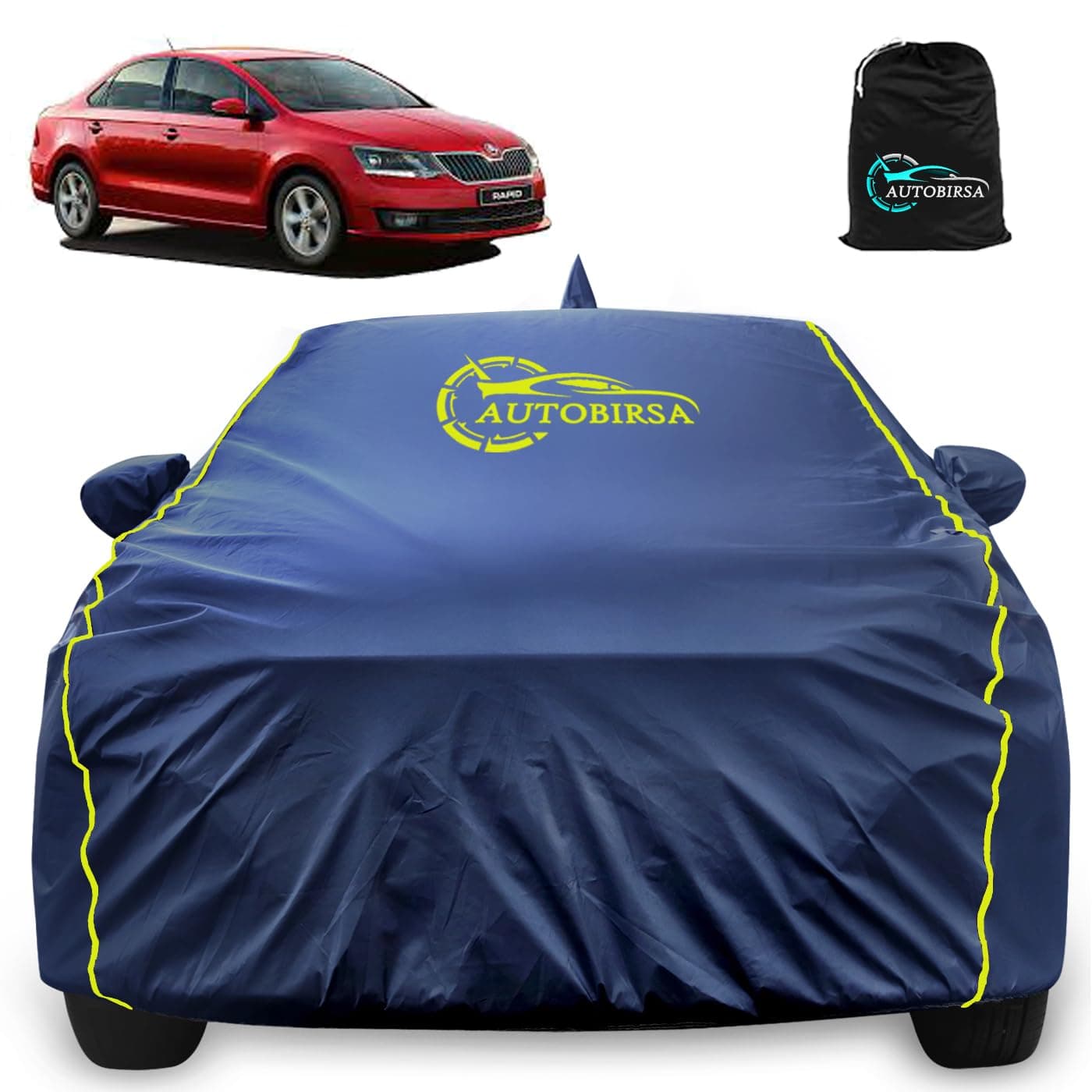 Autobirsa Waterproof Car Body Cover for Skoda Rapid 100% All Weather Proof with Mirror Packet & Full Bottom Elastic, Triple Stitching with 100% Nail Proof Cover Navy Blue