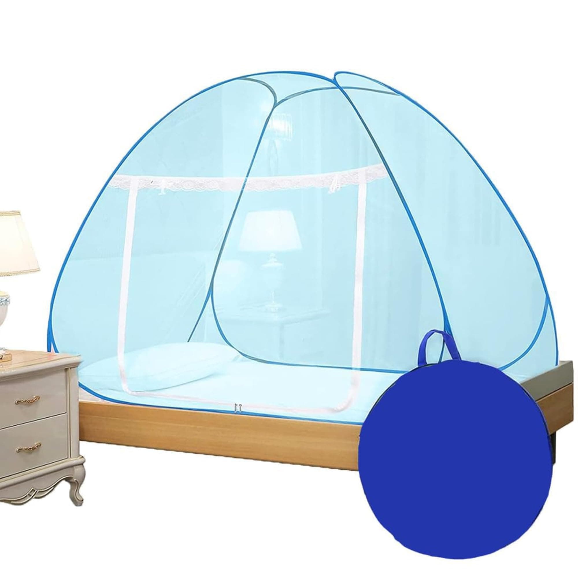 Evafly Mosquito Net for Single Bed | Premium Polyester Mesh | Foldable Pop Up Bed Net | Fine Mesh Protection from Mosquitoes & Insects | Easy Setup, Washable | Full Blue