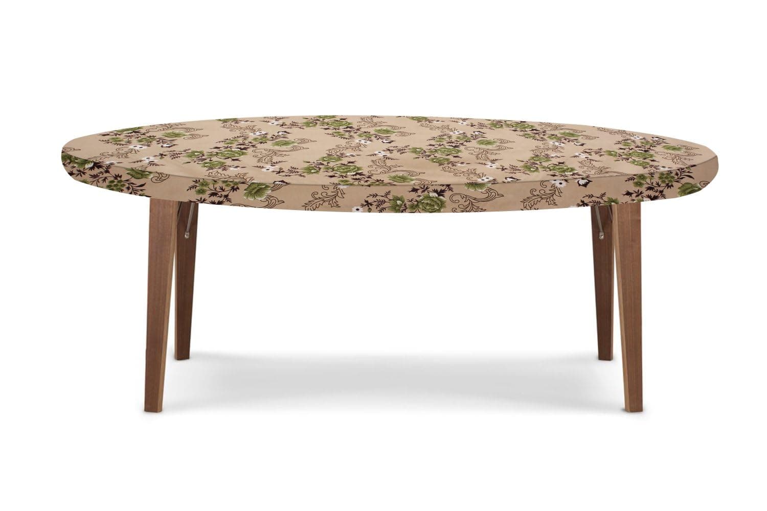 Stylista Elastic Polyester Oval Dining Table Cover (WxL 35x63) in Inches - Floral Pattern Beige