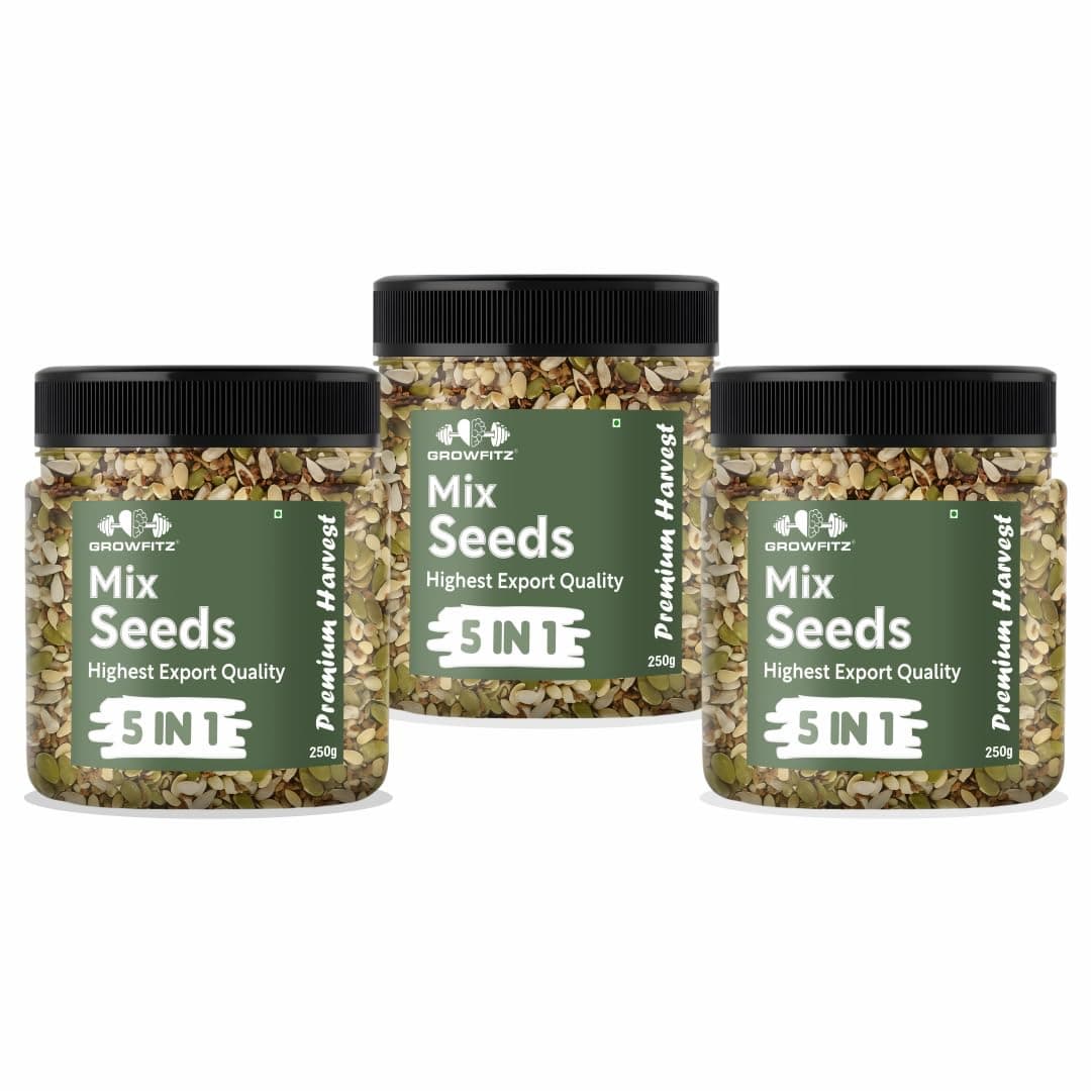 Growfitz 5-in-1 Super Seed Mix | Pack of 3 (500g Each)| 20.5g High Protein & Fiber | Roasted Pumpkin, Sunflower, Flax, Chia, Soy Nuts & Sesame | Healthy Snack | Export Quality Superfood