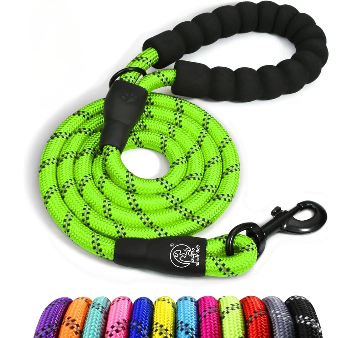 PAWPRO HANDMADE 5 Ft Heavy‑Duty Reflective Dog Leash – Soft Padded Handle + 360° Swivel Clip – Strong Nylon Rope, Tangle‑Free, Safe Night Walks – Ideal for, Medium & Large Dogs (Slime Sprint, 5 Feet)