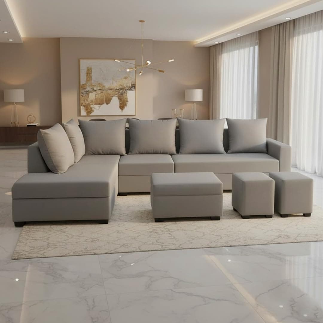 FURNY Gloria 8 Seater Fabric LHS L Shape Sofa Set with 1 Centre Table & 2 Puffy (Light Grey) Premium Velvet Finish | Ideal of Living Room