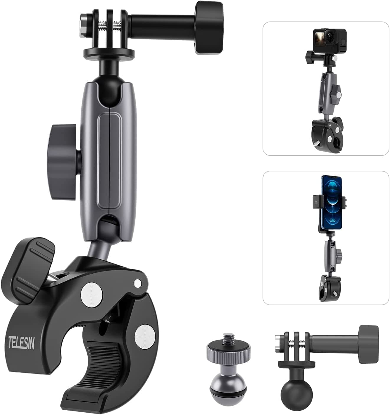TELESIN Camera Clamp Handlebar Bike Mount 360° Double Ballhead Magic Arm with 1/4"-20 Thread for Motorcycle Monitor Canon Nikon DSLR/Gopro/LED Lights/Ronin-M/Ronin MX/Freefly (Clamp), Black