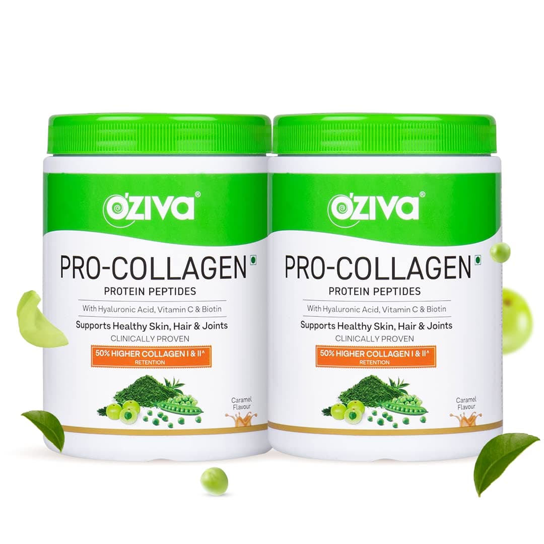 OZiva Pro-Collagen Protein Peptides For Improved Skin & Hair Health,Collagen Peptides With Types I & Ii With Vitamin C,Hyaluronic Acid & Biotin,500G,Caramel,Pack Of 2-Powder,2 count,25 servings