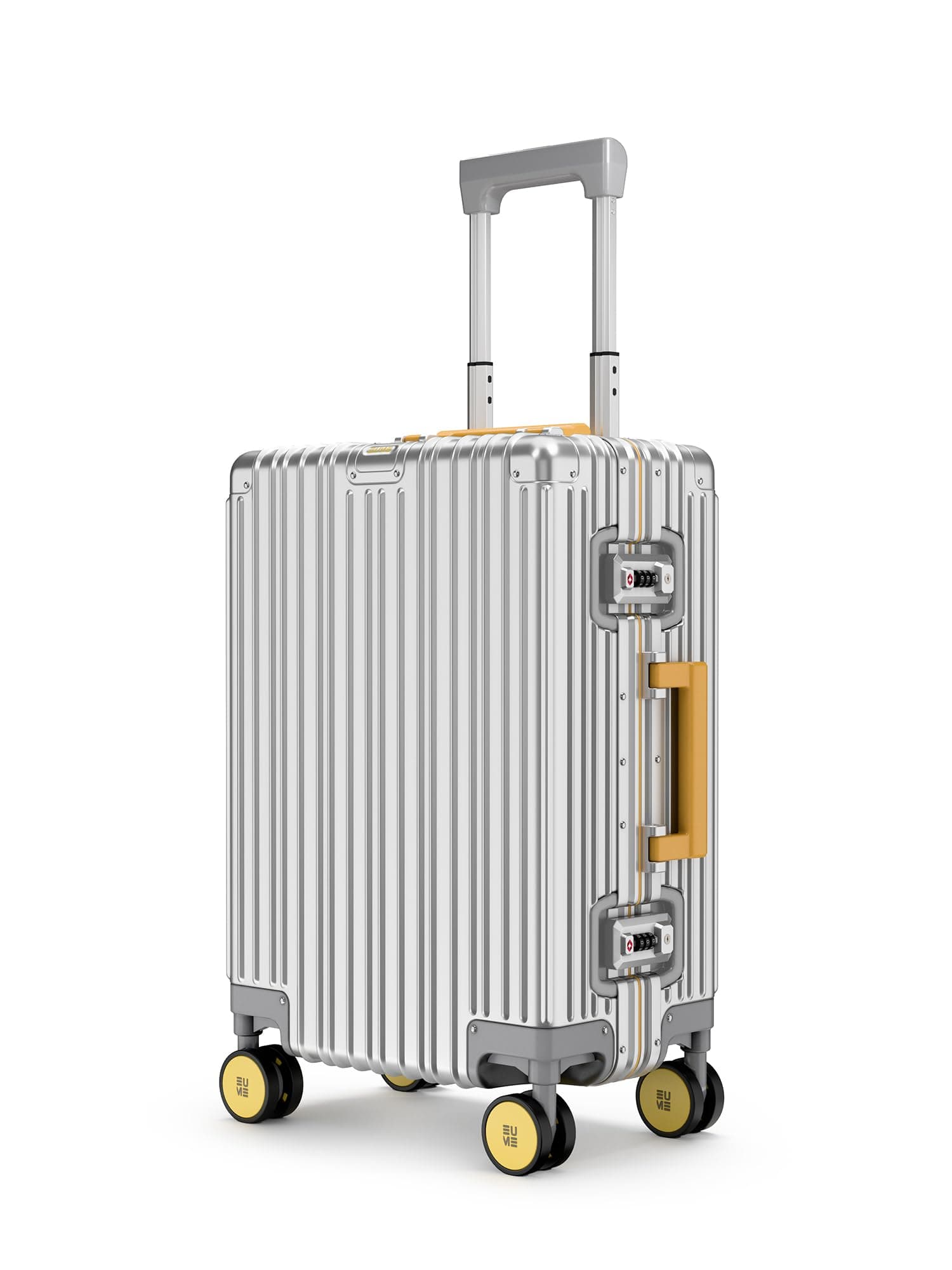 EUME 100% Aluminium Cabin Trolley Bag Small for Travelling 50cm | Durable High-End 8 Silentrun 360 Degree Spinner Wheels | Premium Trolley Bag Small for Travel (Silver with Yellow Wheels)