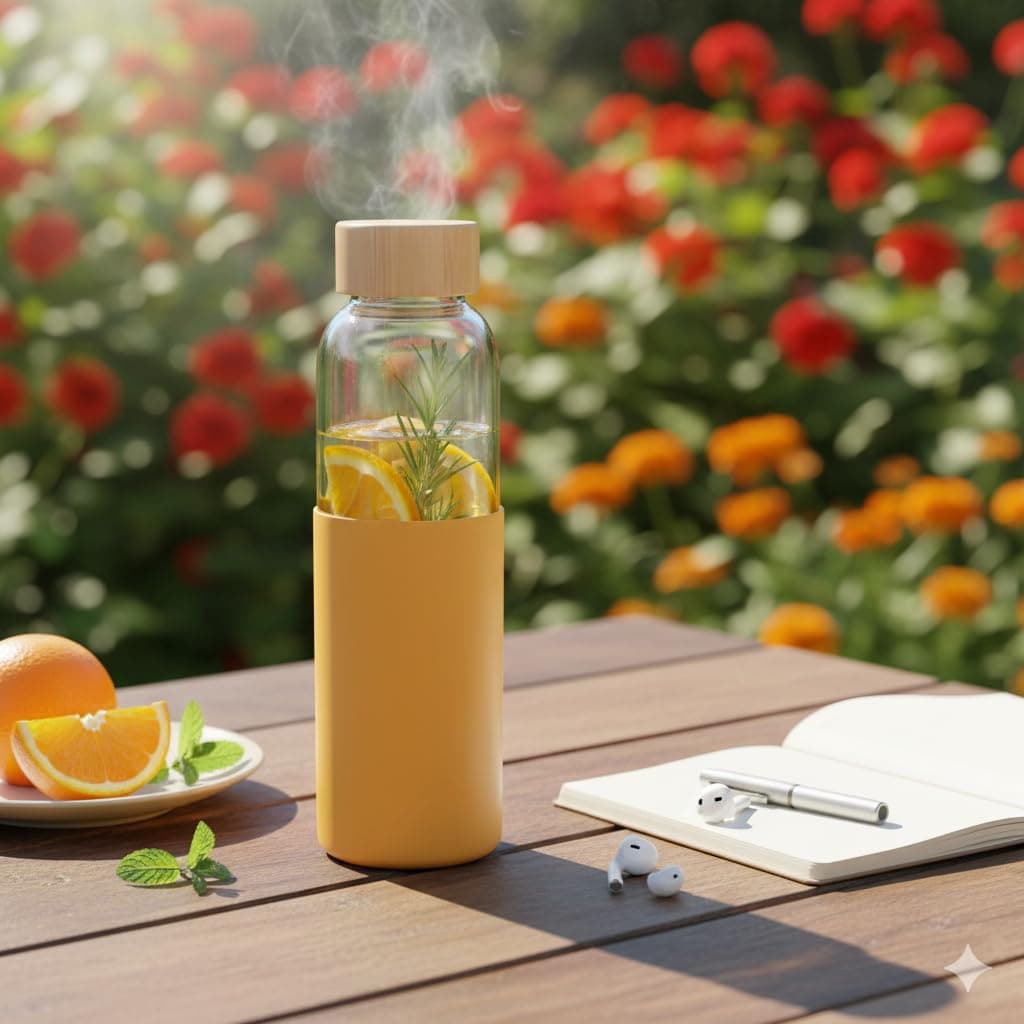 UMAI Glass Water Bottle 550ml | BPA Free with Bamboo Lid | Leak Proof Portable Bottle for Office Gym School | Non Slip Sleeve | Yellow