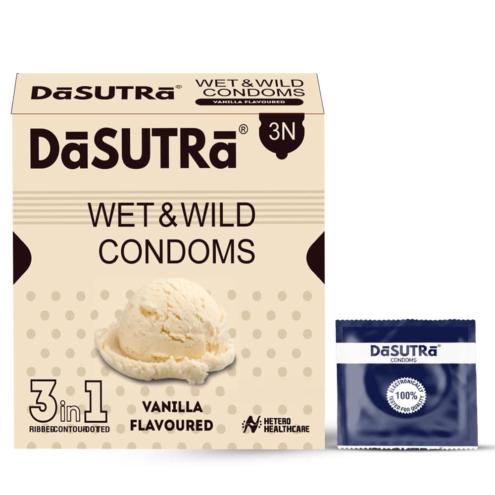DaSutra Wet & Wild Condoms - 3's Pack Lubricated, Ribbed, and Dotted (Pack of 10, Vanilla)