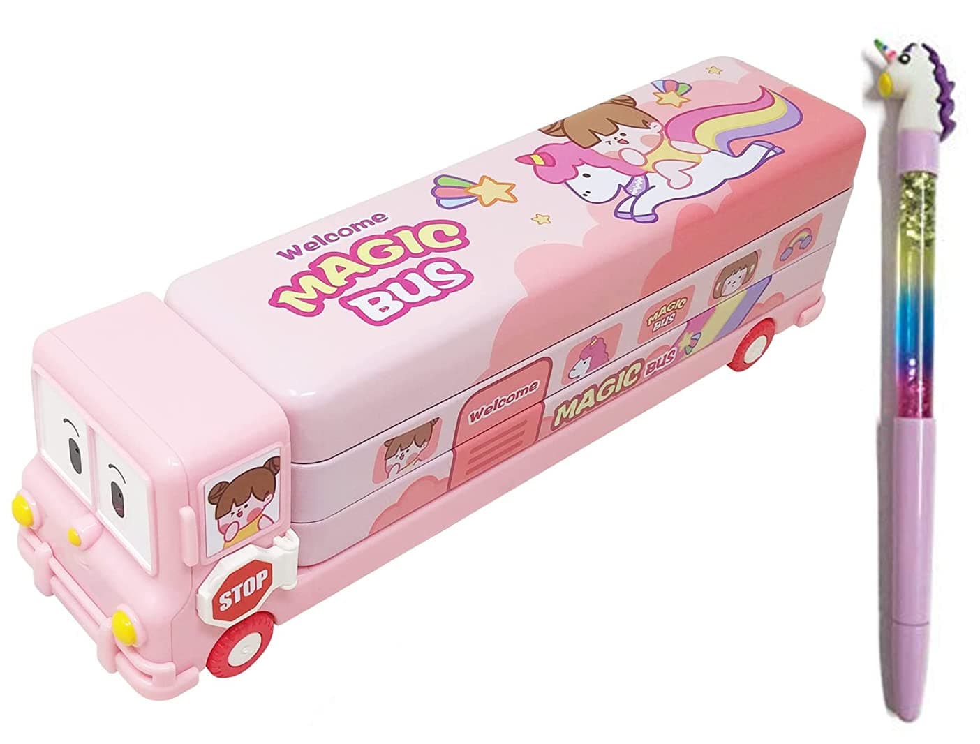 SHREE TECHNESH® Uneecorn Printed Metal Pencil Box with Sparkling Gel Pen for Girls (Pink)