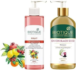 Biotique Onion Black Seed Shampoo For Fresh, Strong and Shining Hair, 300 ml & Biotique Fruit Brightning Face Wash, 200ml