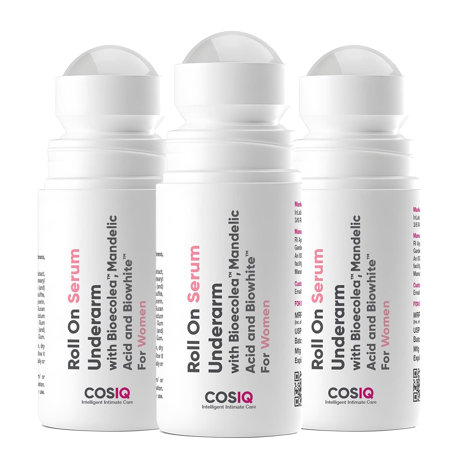 Cos-IQ Brightening Underarm Roll-On Serum for Women, 40ml Pack of 3 | With Bioecolea & Mandelic Acid, Prevents Body Odour, Exfoliates & Brightens, 3-Month Supply