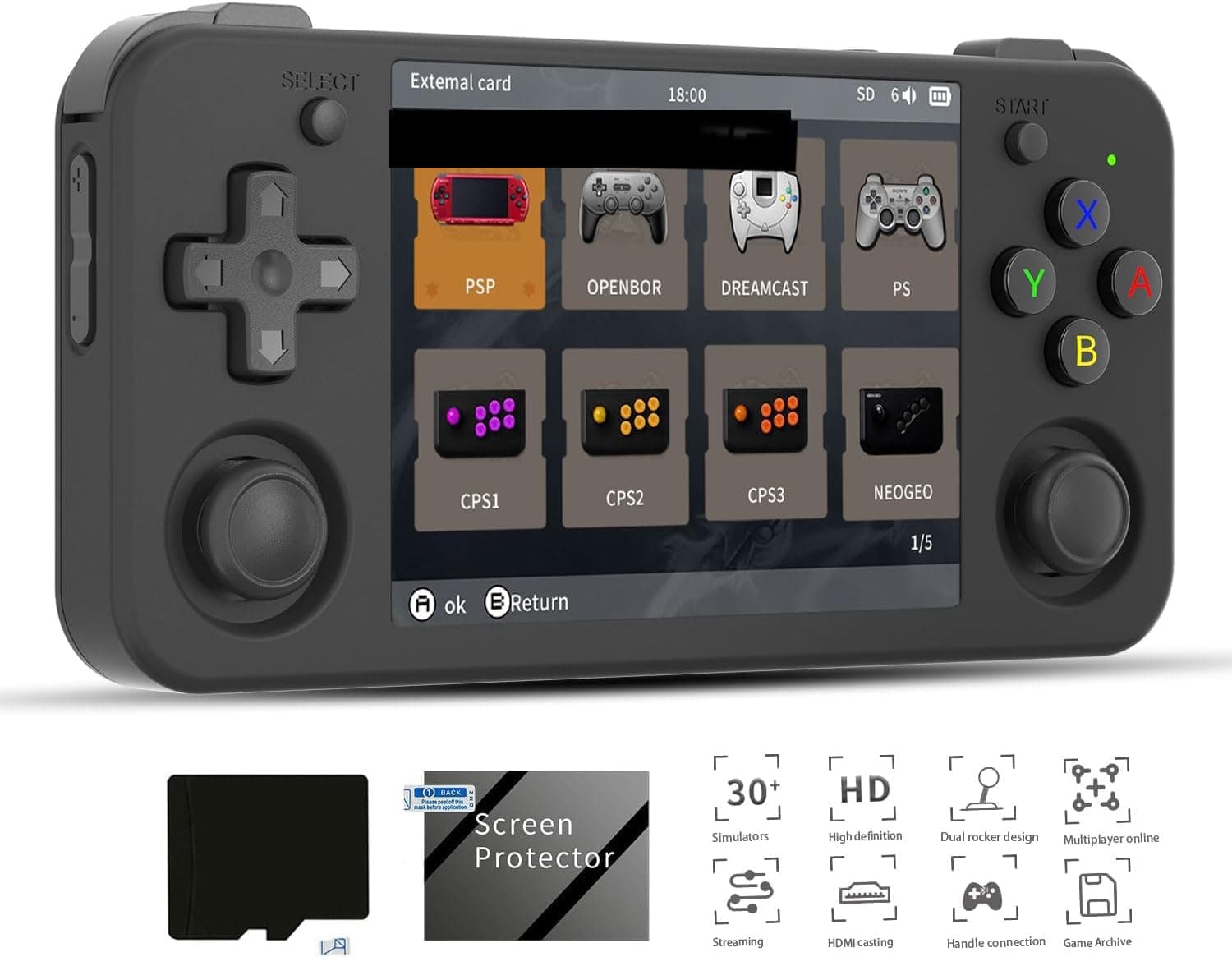 New World an/bernic RG35XX H Retro Handheld Game Console 3.5 in IPS Screen Built-in 3300mAH Battery 64G TF Card , Classic Games Console (Black)