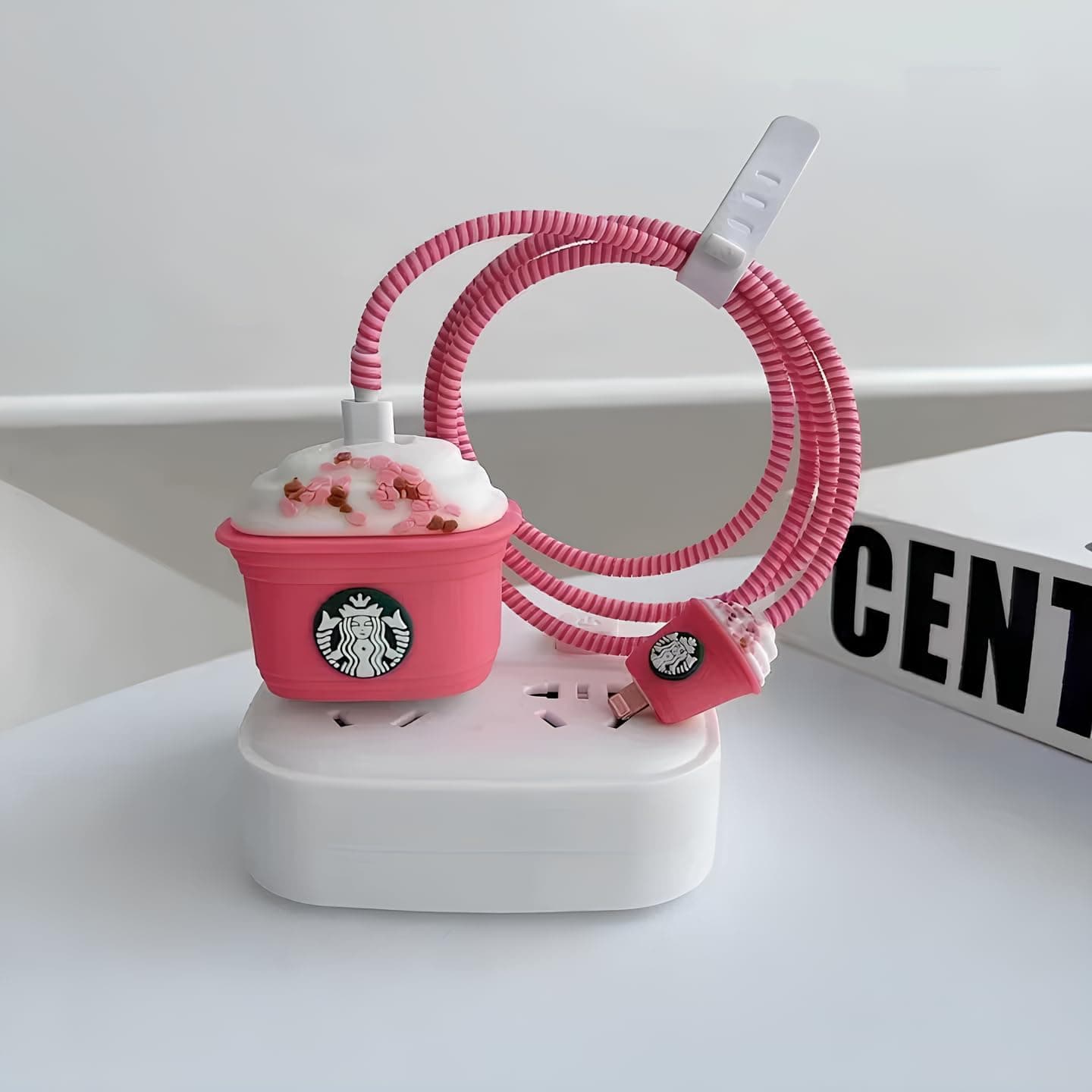 CERLINK Charger Protector for Samsung 25W Type C, Protective Silicone Case Cover 25W Power Adapter Charger with Wire Saver-Pink starbuck
