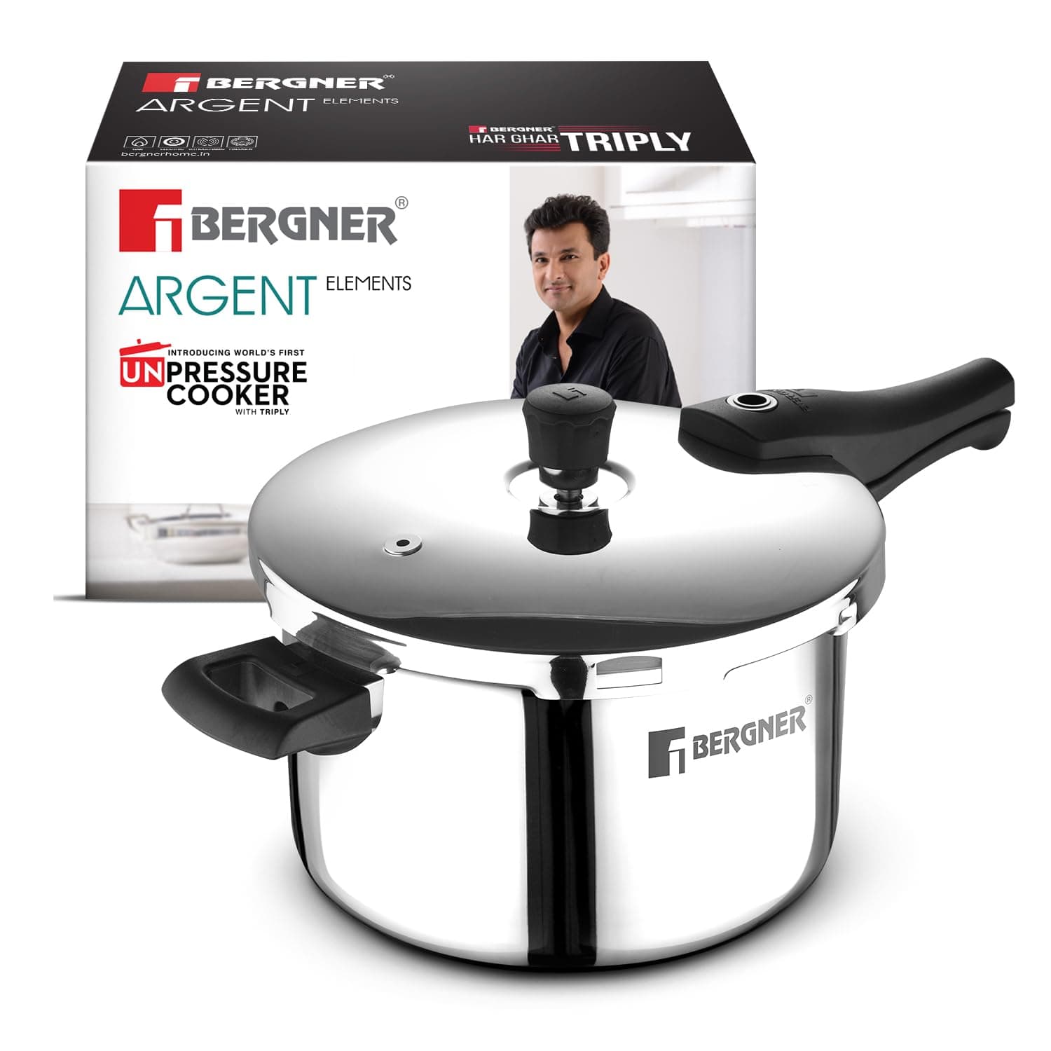 Bergner Argent Elements Triply Stainless Steel 5.5 L Outer Lid Pressure Cooker, Healthy Cooking, Even Heat Distribution, Sturdy Handle, Easy Lock System, Safety Gasket - Induction and Gas Stove Ready
